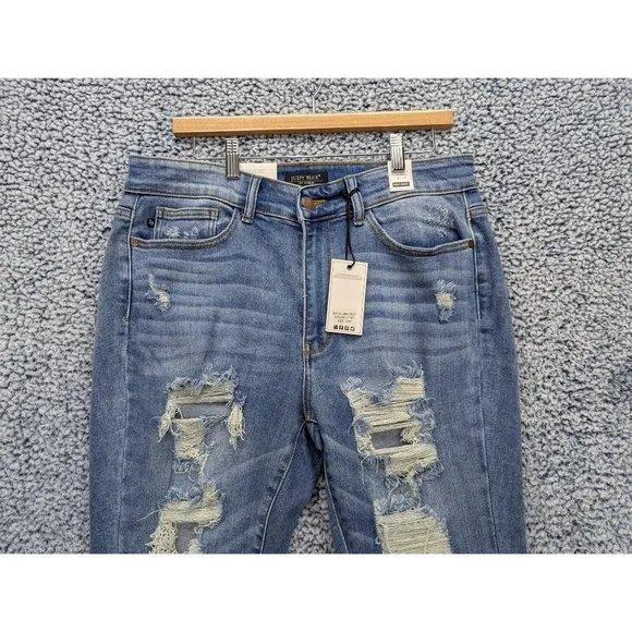 NWT Judy Blue Boyfriend Fit High Rise Jeans Womens 14W Stretch Distressed Blue