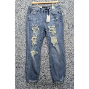 NWT Judy Blue Boyfriend Fit High Rise Jeans Womens 14W Stretch Distressed Blue
