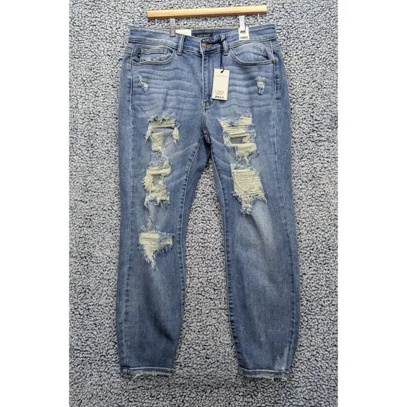 NWT Judy Blue Boyfriend Fit High Rise Jeans Womens 14W Stretch Distressed Blue