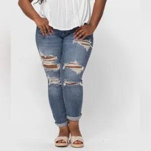 NWT JUDY BLUE YO MAMA DISTRESSED, DESTROYED BOYFRIEND BLUE JEANS SIZE 18…
