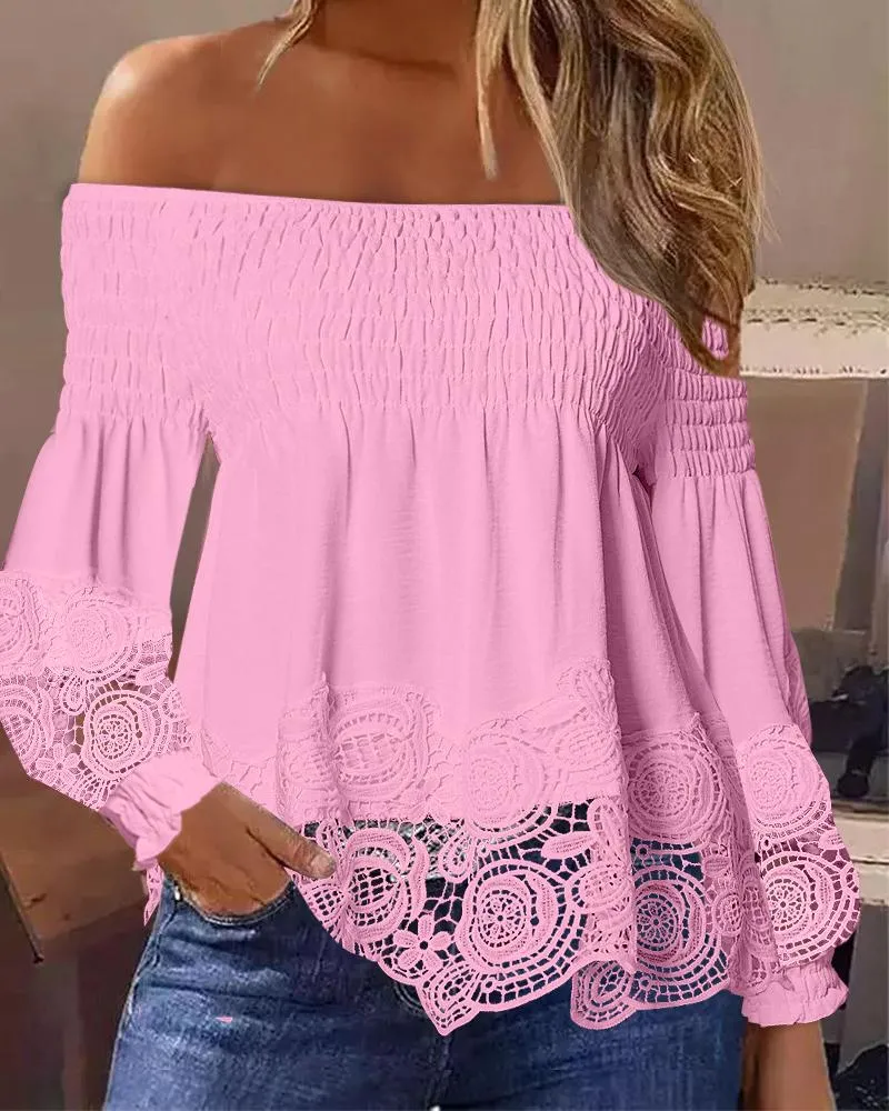 Off Shoulder Shirred Lace Patch Top