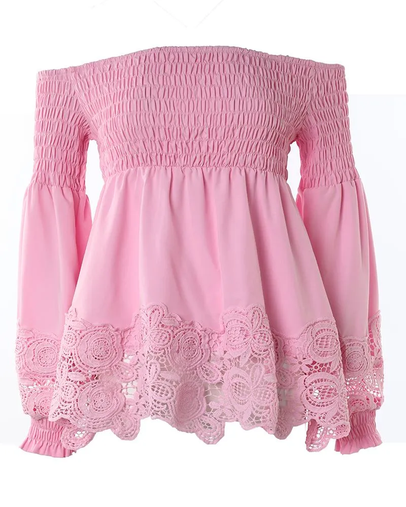 Off Shoulder Shirred Lace Patch Top