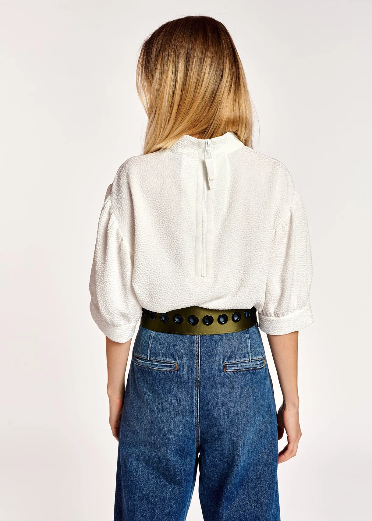 Off-white top with puffed sleeves