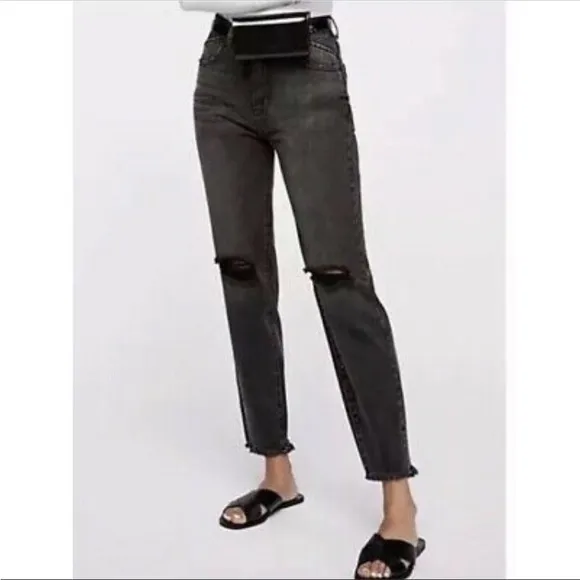 One Teaspoon High Waisted Mom Fit Tapered Leg Washed Black Distressed Jeans