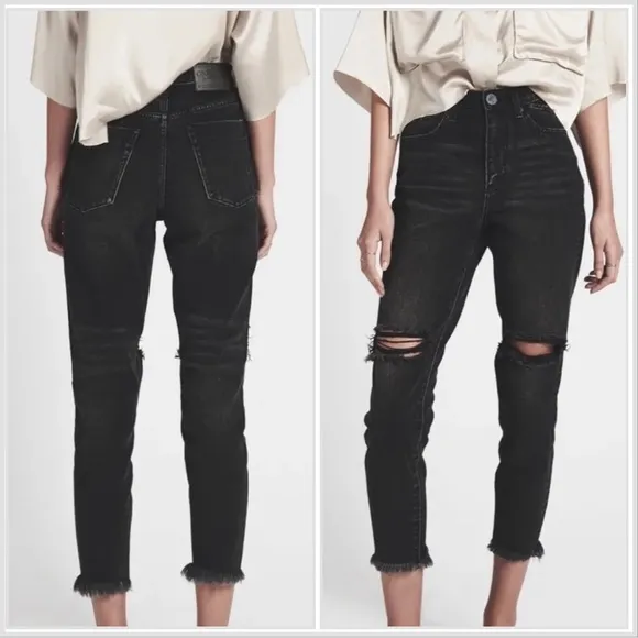 One Teaspoon High Waisted Mom Fit Tapered Leg Washed Black Distressed Jeans