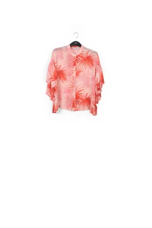 Orange ruffle-detailed top with palm leaf print
