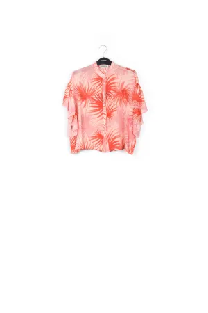Orange ruffle-detailed top with palm leaf print