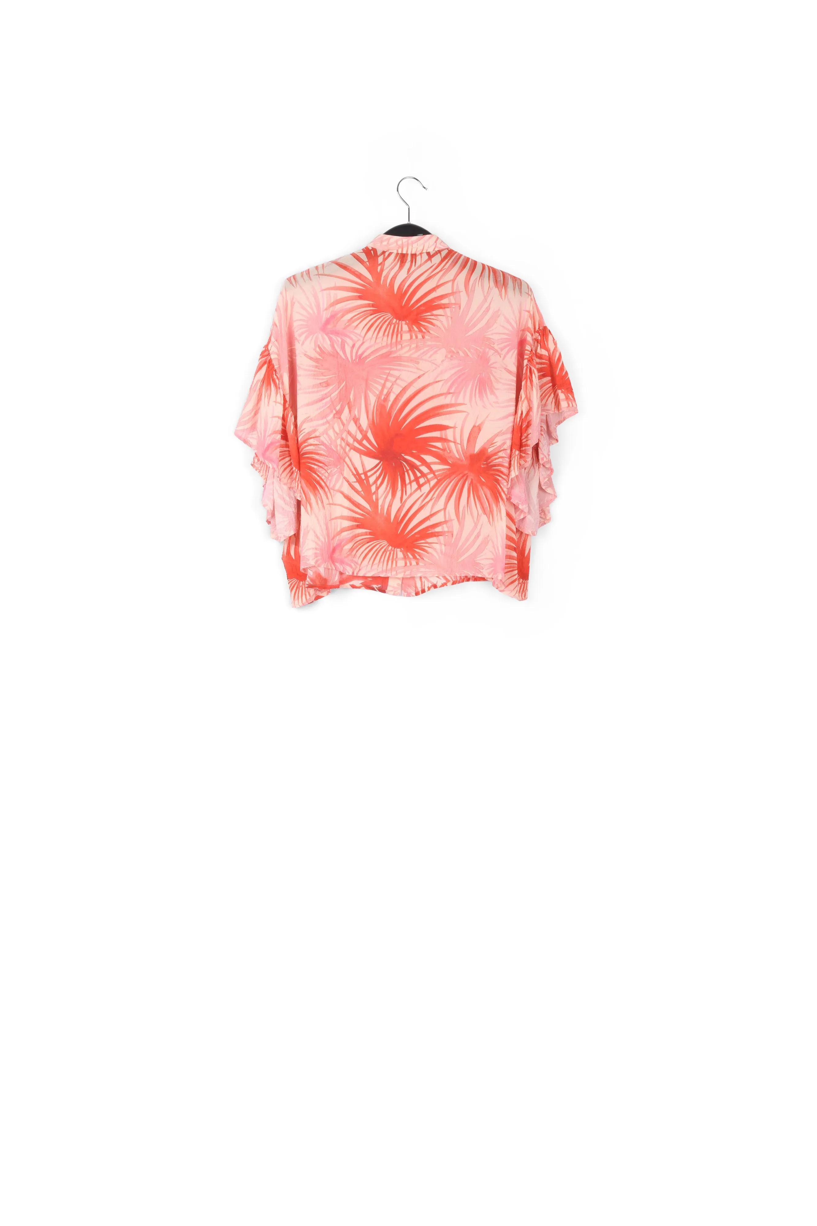 Orange ruffle-detailed top with palm leaf print