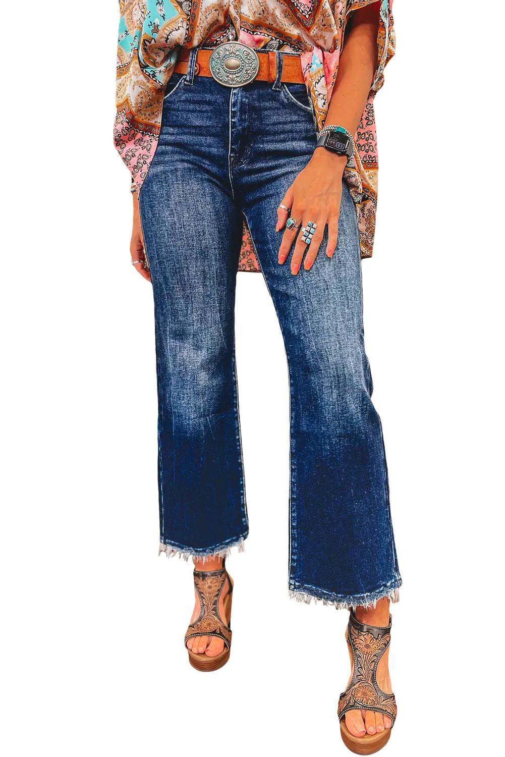 Palmer, Mineral Wash Raw Hem High Waist Flared Jeans