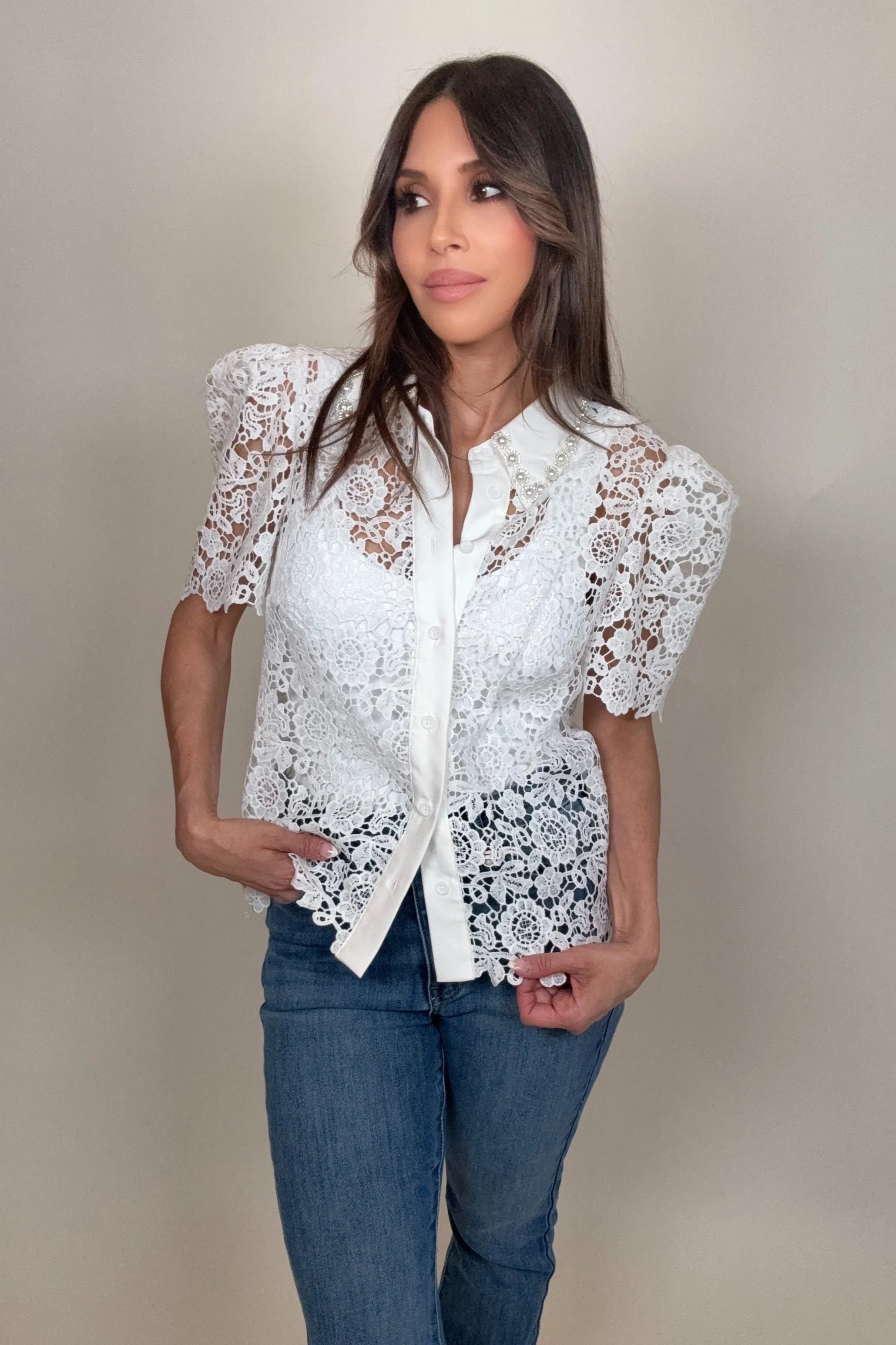 Pearl Embellished Collar Lace Blouse