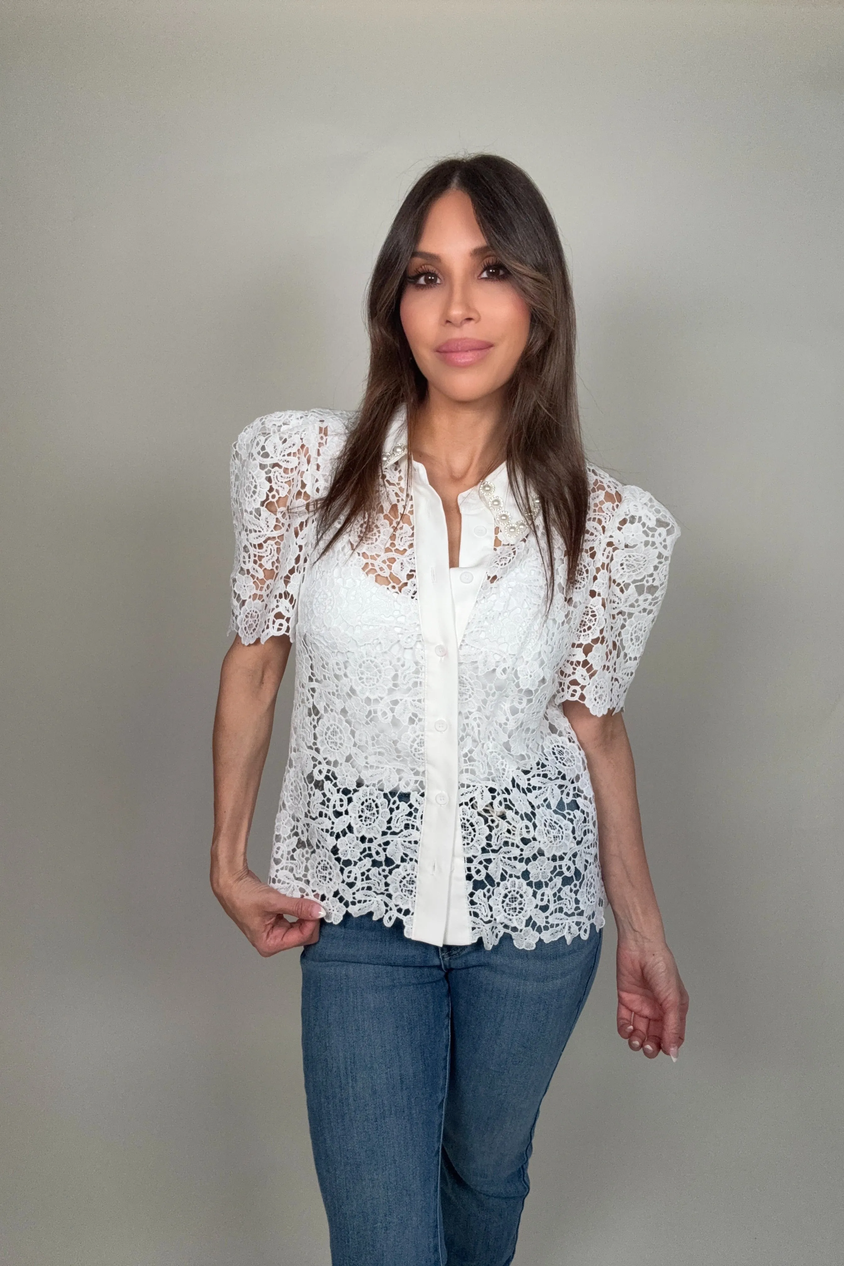 Pearl Embellished Collar Lace Blouse
