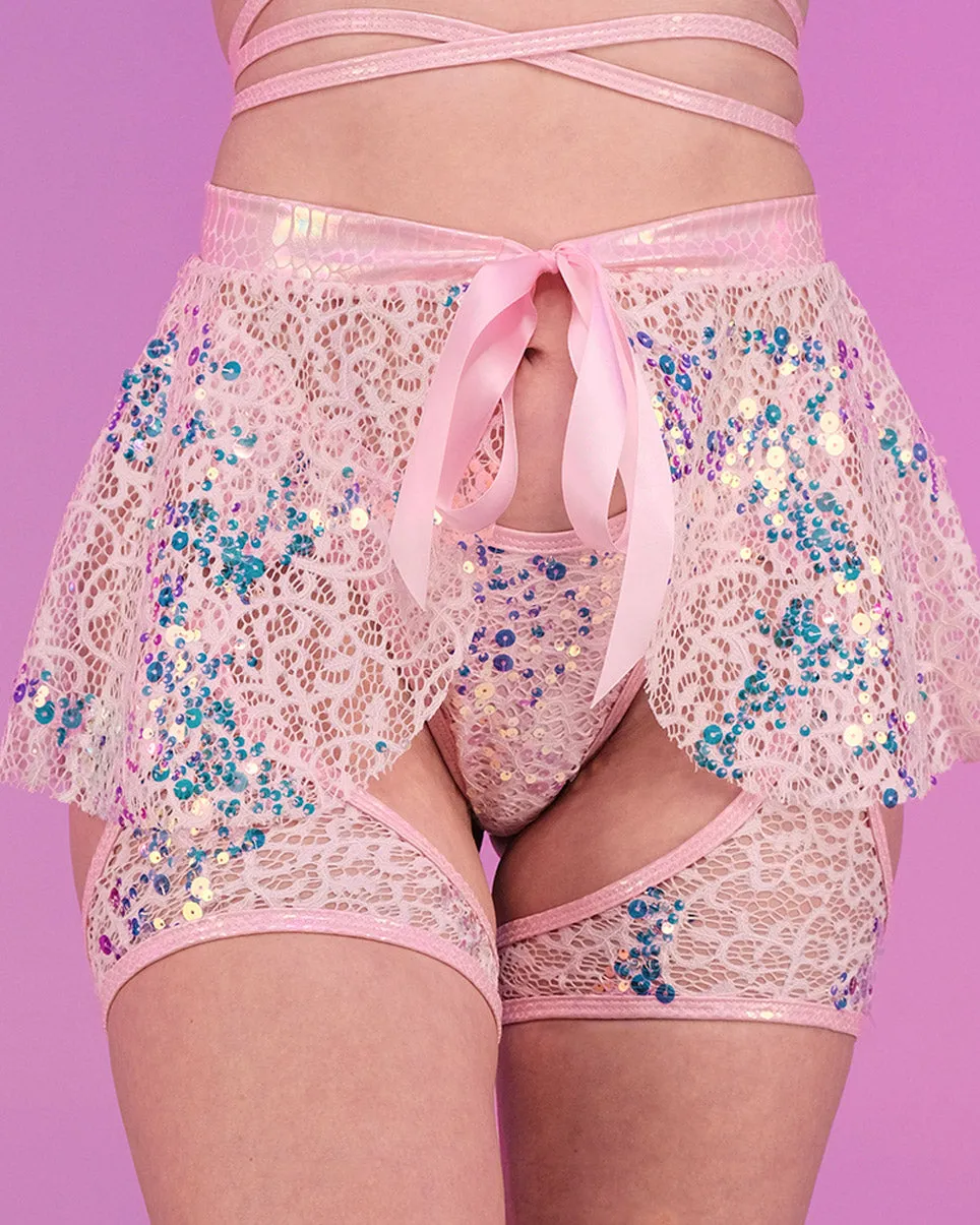 Pink Blush Sequin Net Tie Skirt