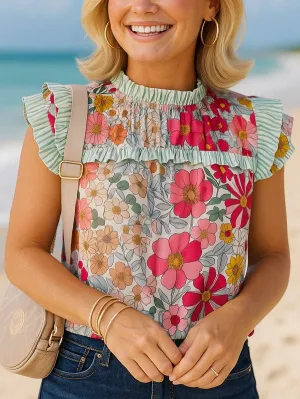 Pink Floral Ruffle Trim Pleated Panel Boho Blouse