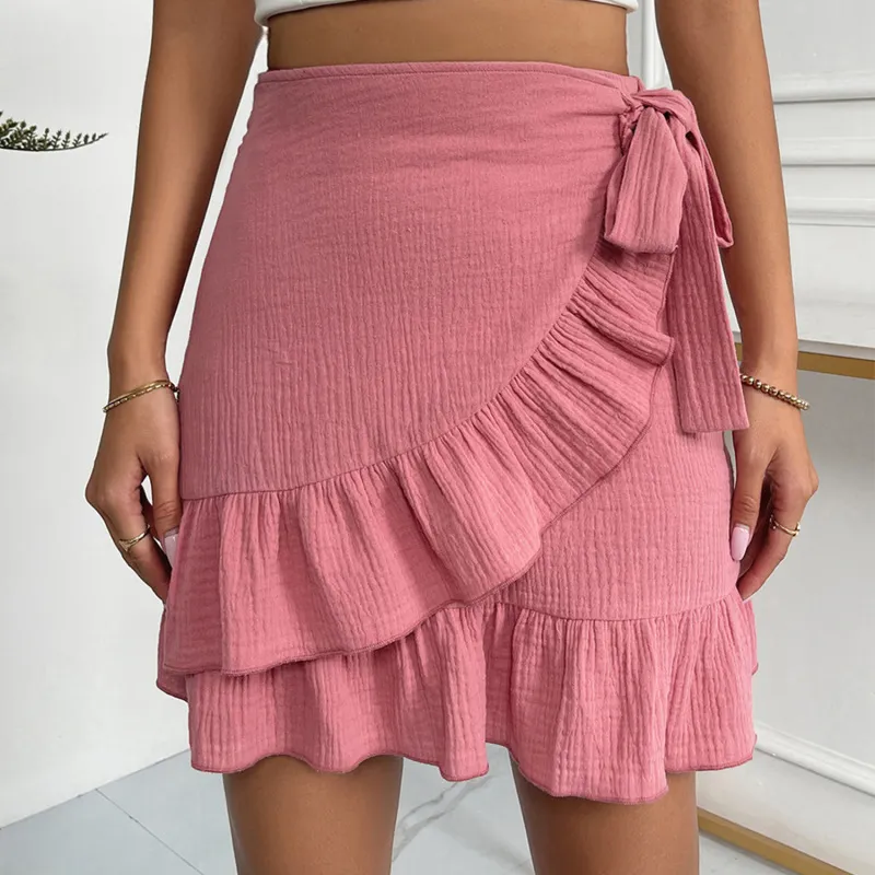 Pink High Waist Ruffle Wrap Mini Skirt with Side Tie and Back Zip Up