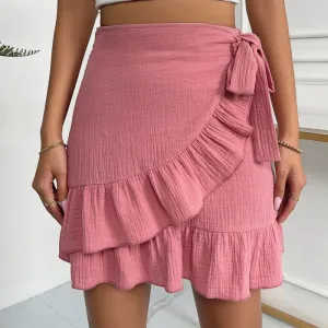 Pink High Waist Ruffle Wrap Mini Skirt with Side Tie and Back Zip Up