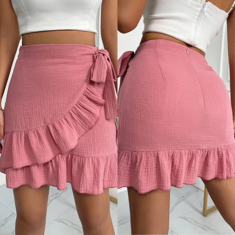 Pink High Waist Ruffle Wrap Mini Skirt with Side Tie and Back Zip Up