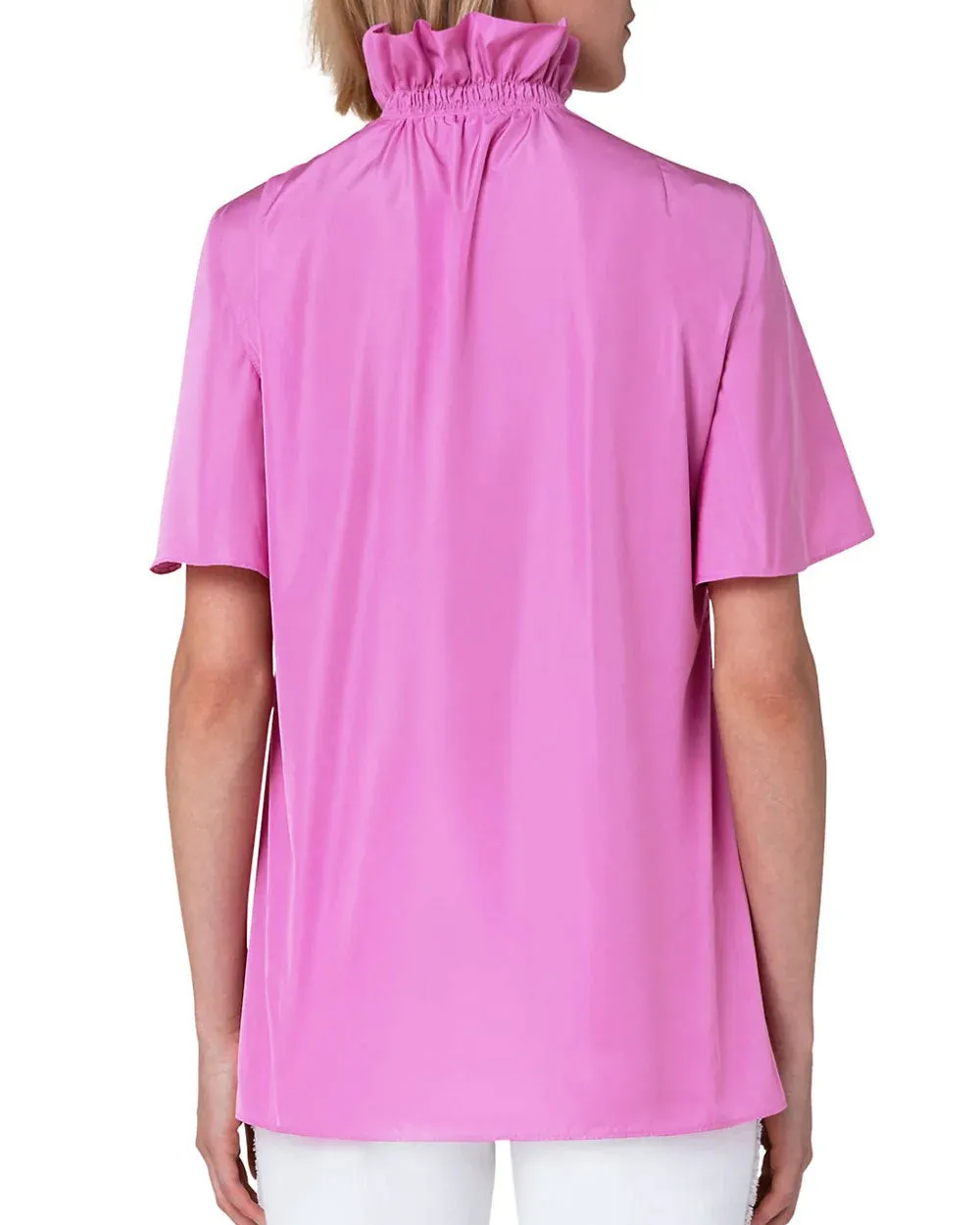 Pink Techno Taffeta Ruffle Neck Blouse