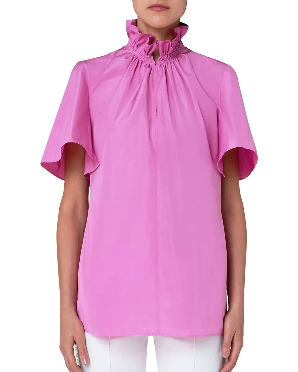 Pink Techno Taffeta Ruffle Neck Blouse