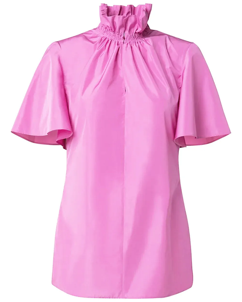 Pink Techno Taffeta Ruffle Neck Blouse