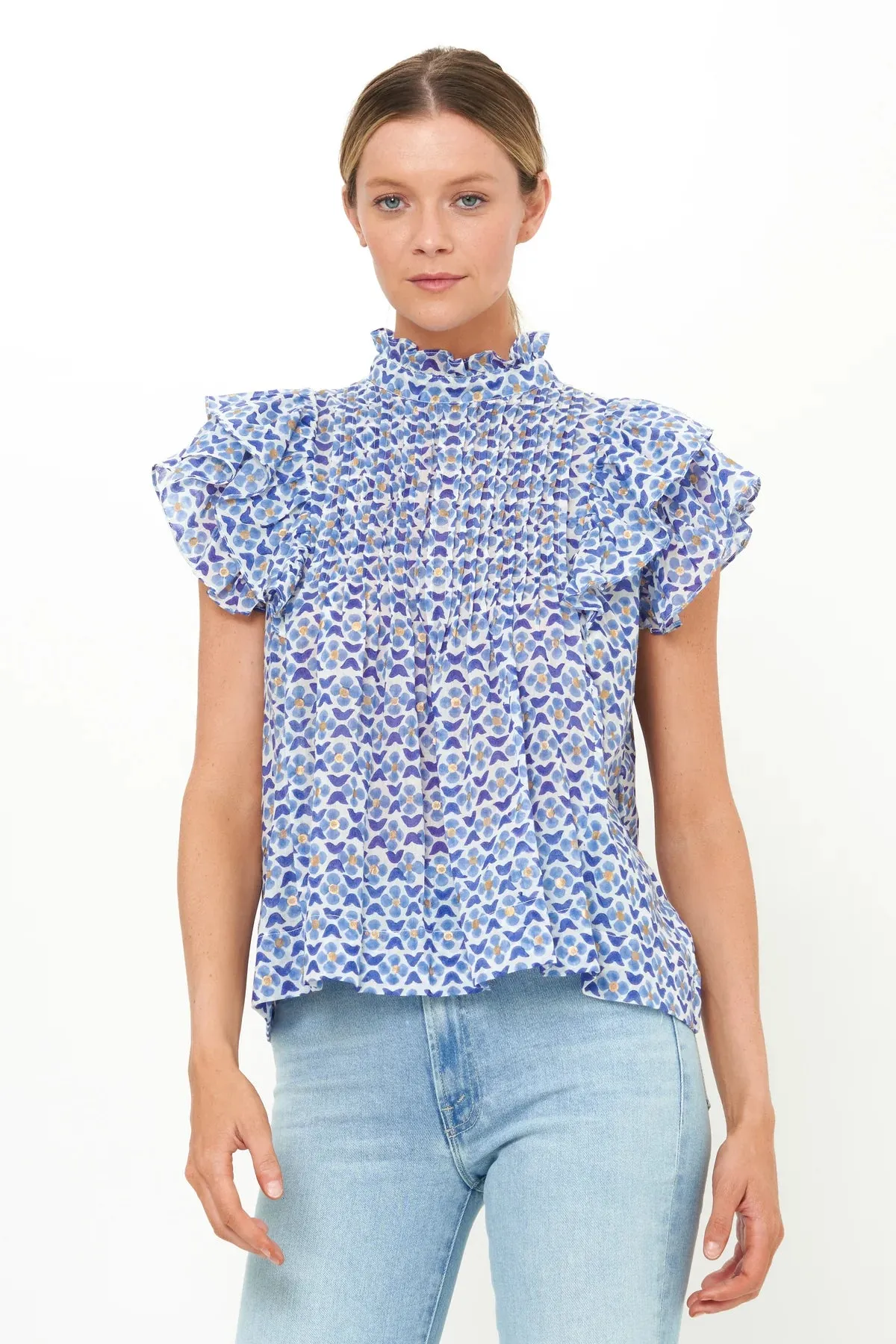 Pintuck Ruffle Top - Veranda Blue