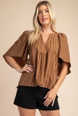 Placket Raglan Sleeve Stripe Top