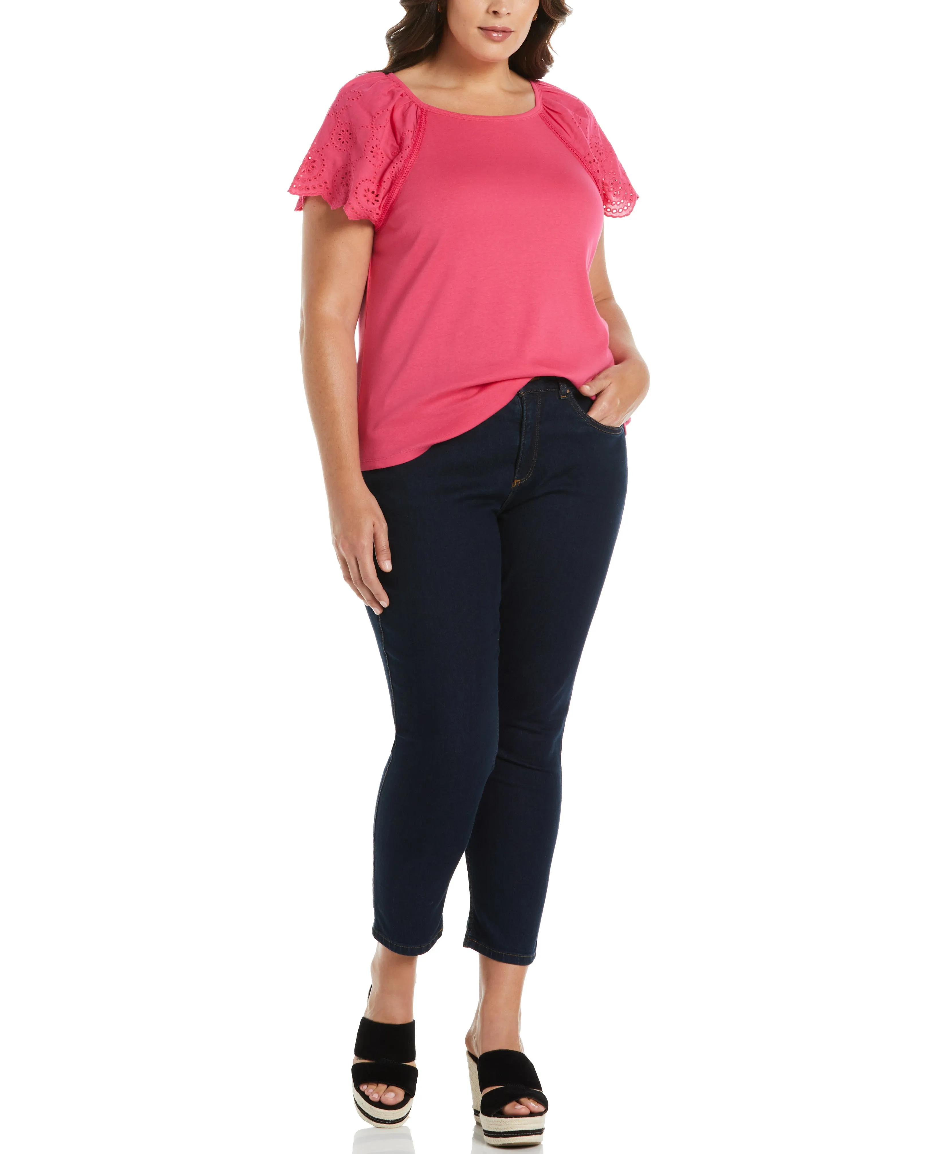 Plus Size Rib Knit Eyelet Sleeve Tee