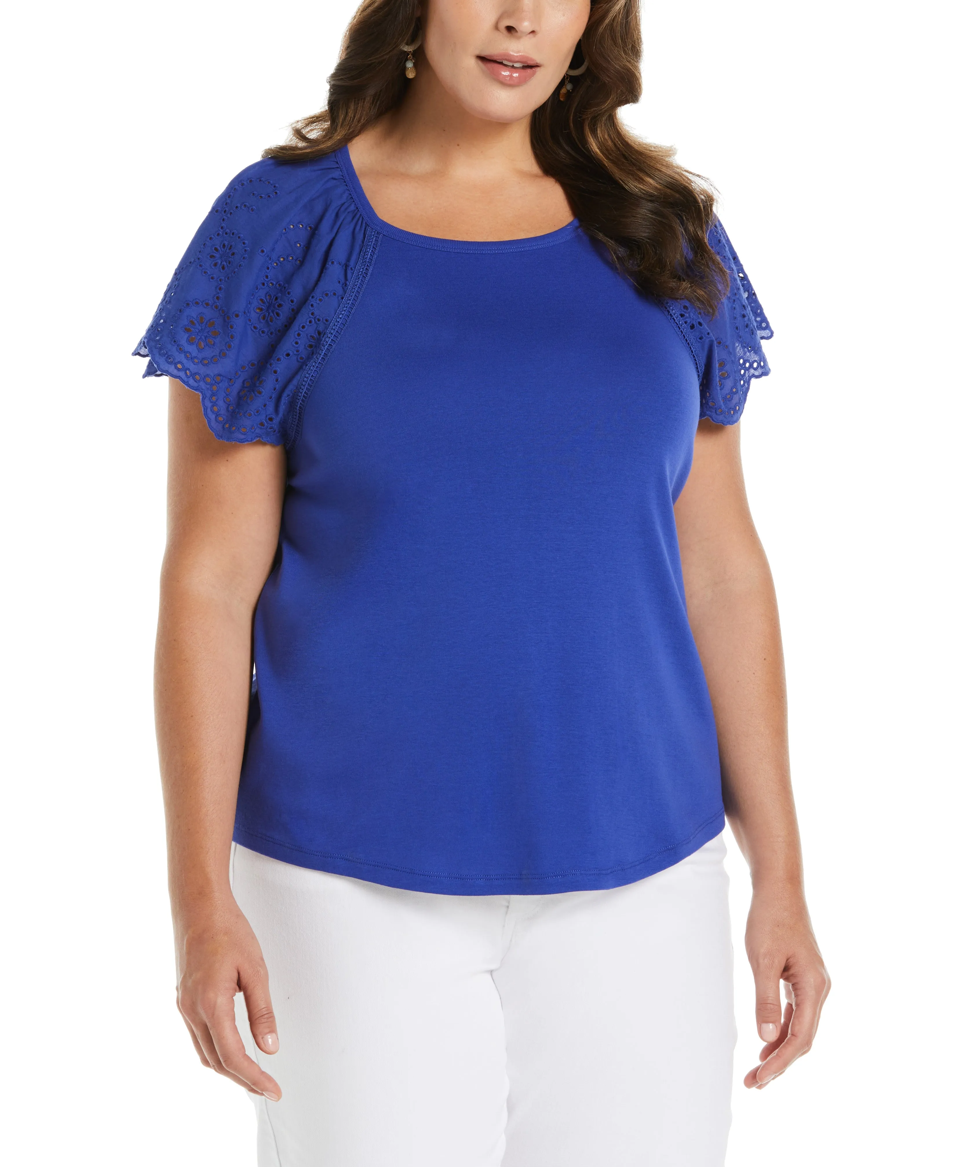 Plus Size Rib Knit Eyelet Sleeve Tee