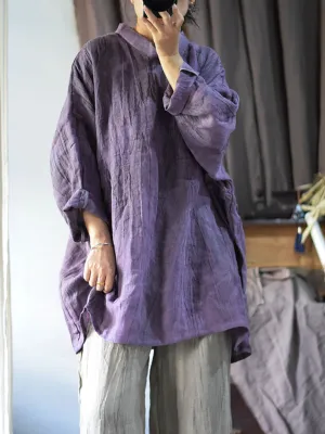 Plus Size Women Vintage Solid Linen Loose Long Blouse