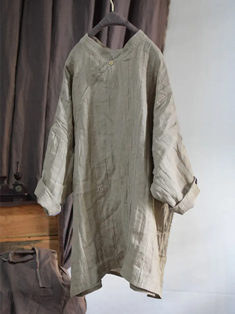 Plus Size Women Vintage Solid Linen Loose Long Blouse