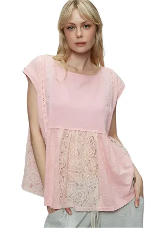 POL Embroidered Detail Boat Neck Cap Sleeve Lace Blouse