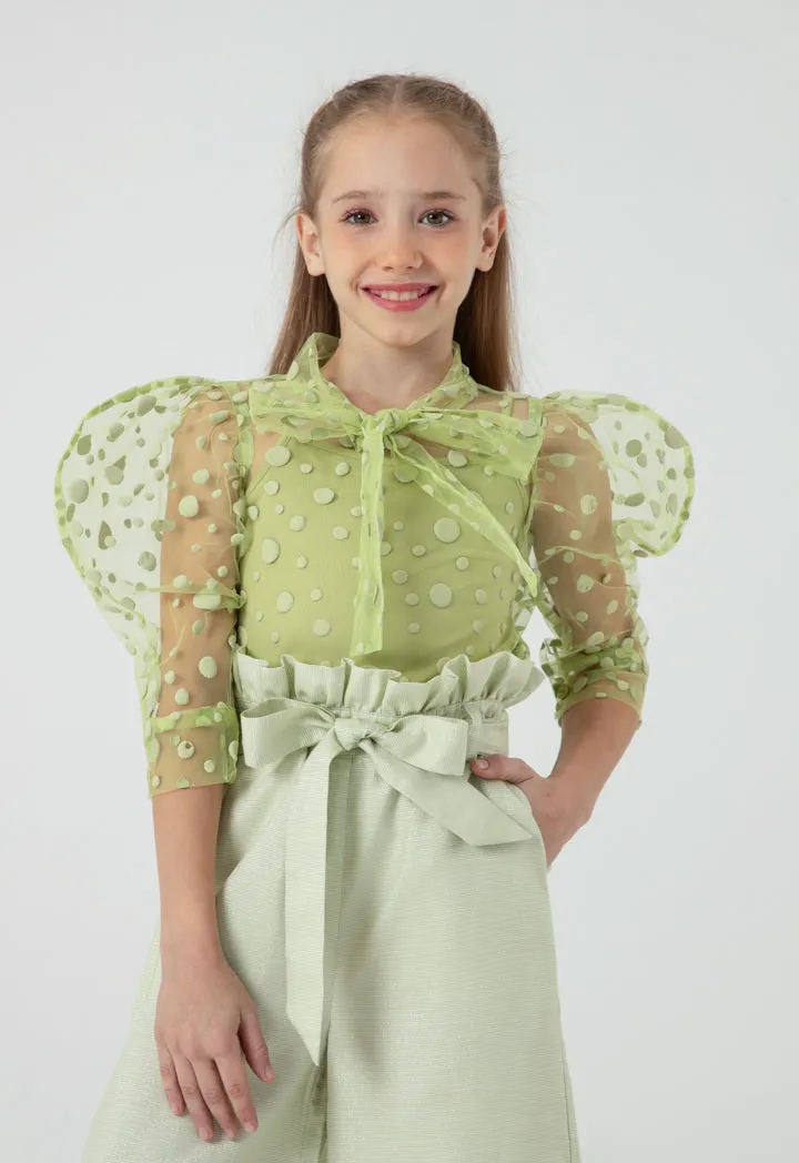 Polka Dot Flocked Mesh Puff Sleeve Blouse