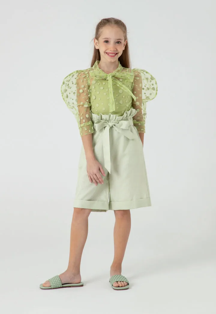 Polka Dot Flocked Mesh Puff Sleeve Blouse