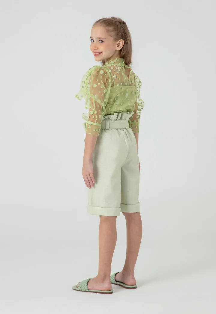 Polka Dot Flocked Mesh Puff Sleeve Blouse