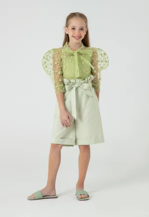 Polka Dot Flocked Mesh Puff Sleeve Blouse