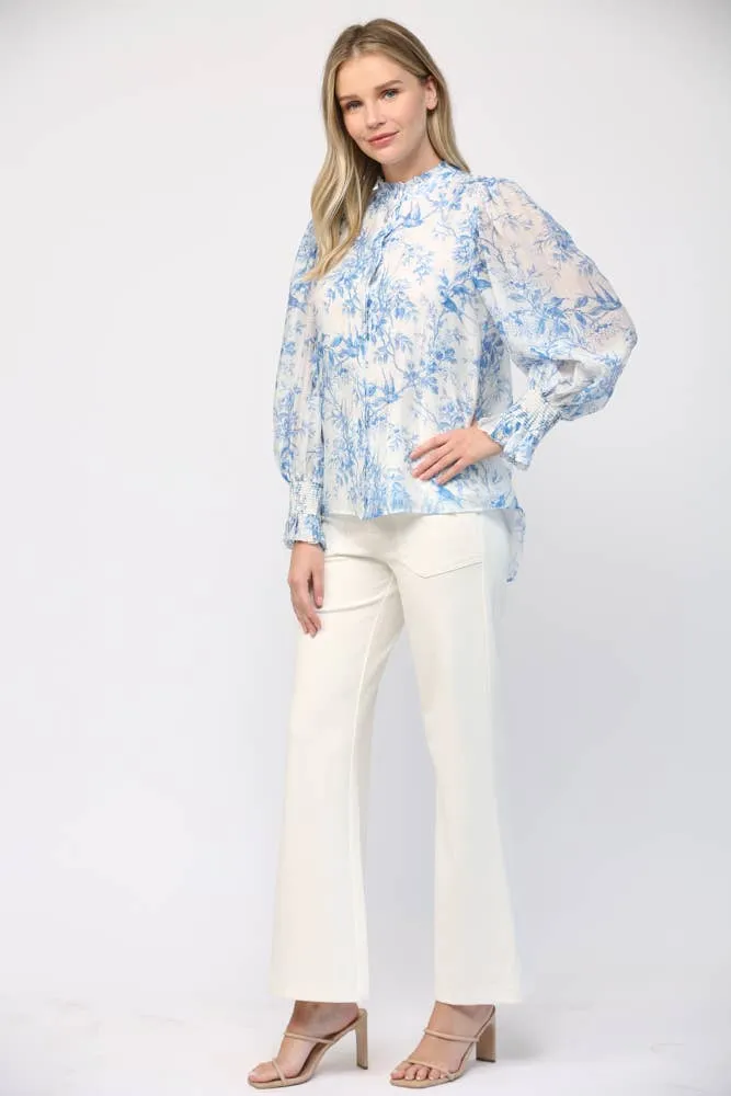 PRINTED BLEND RUFFLE NECK BLOUSE, WHITE & BLUE