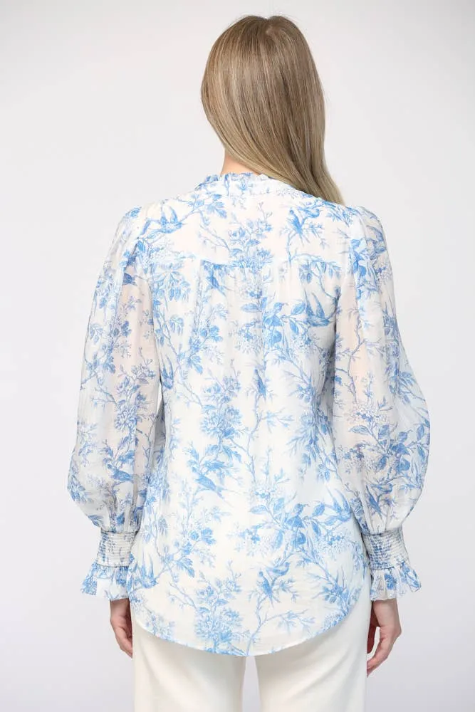 PRINTED BLEND RUFFLE NECK BLOUSE, WHITE & BLUE