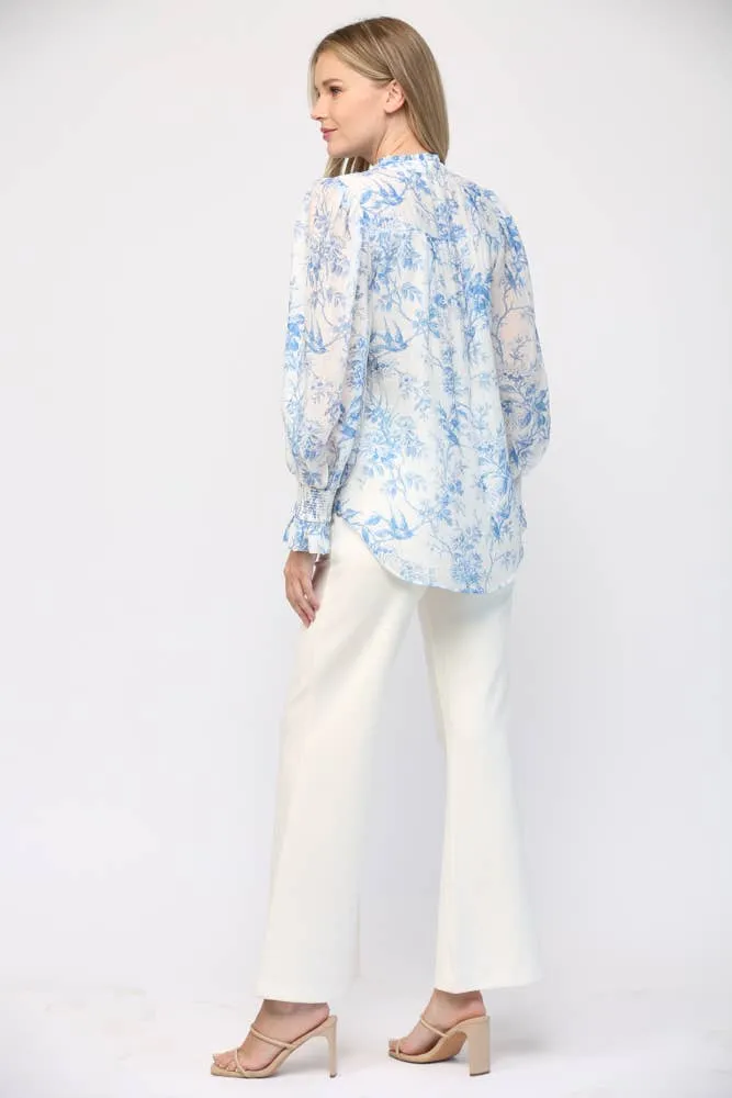 PRINTED BLEND RUFFLE NECK BLOUSE, WHITE & BLUE