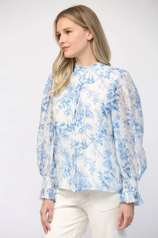 PRINTED BLEND RUFFLE NECK BLOUSE, WHITE & BLUE