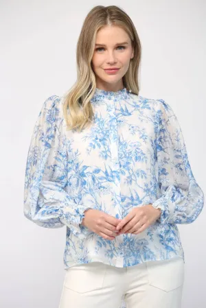 PRINTED BLEND RUFFLE NECK BLOUSE, WHITE & BLUE