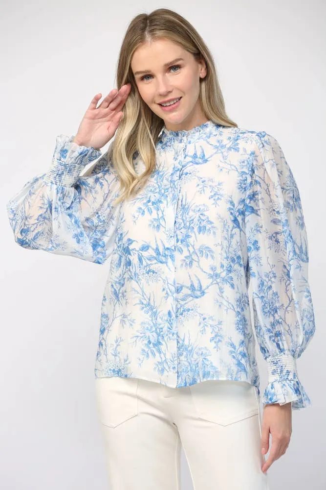 PRINTED BLEND RUFFLE NECK BLOUSE, WHITE & BLUE