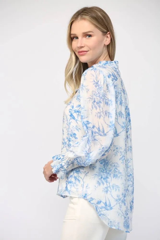 PRINTED BLEND RUFFLE NECK BLOUSE, WHITE & BLUE