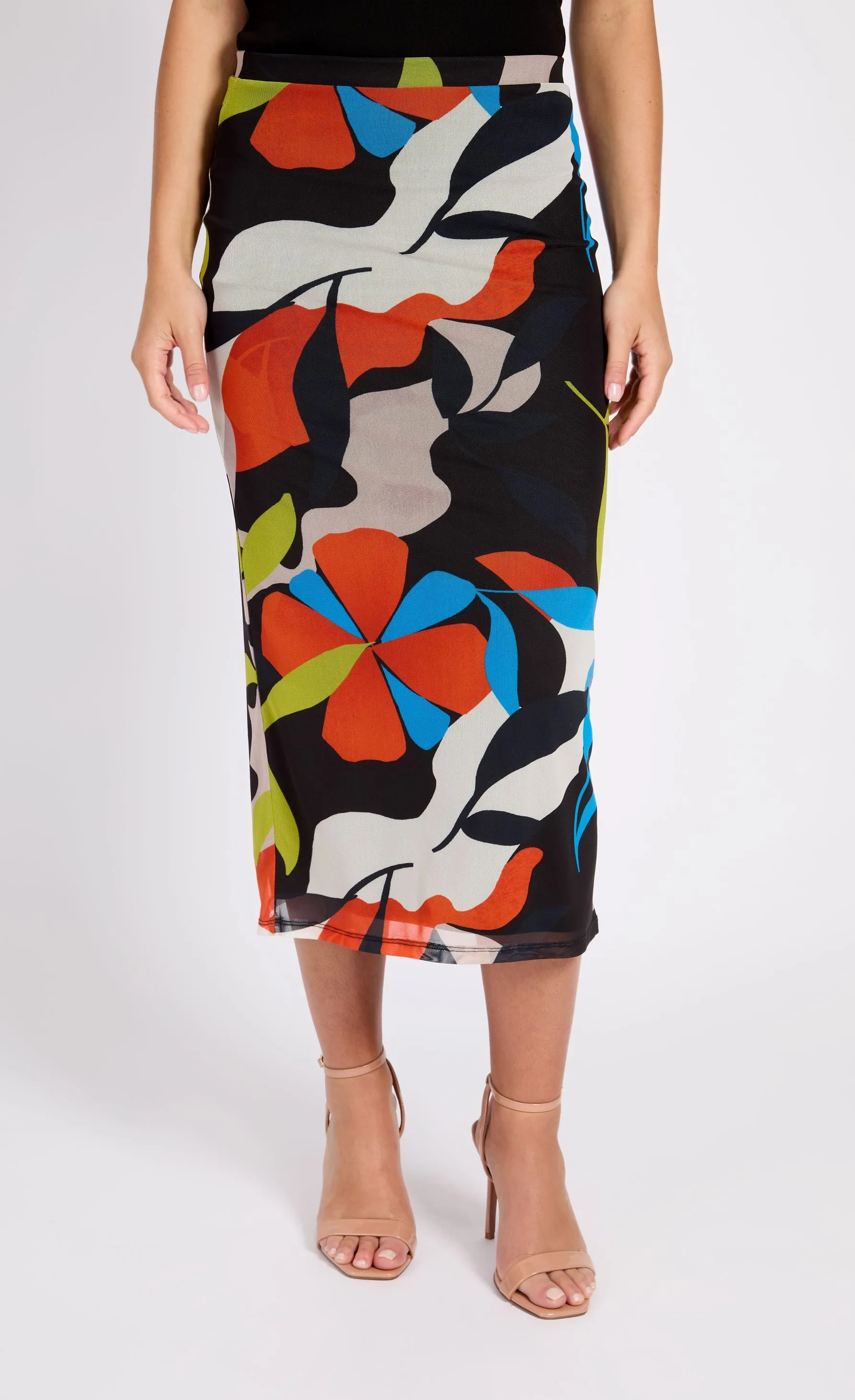 Printed Mesh Midi Skirt
