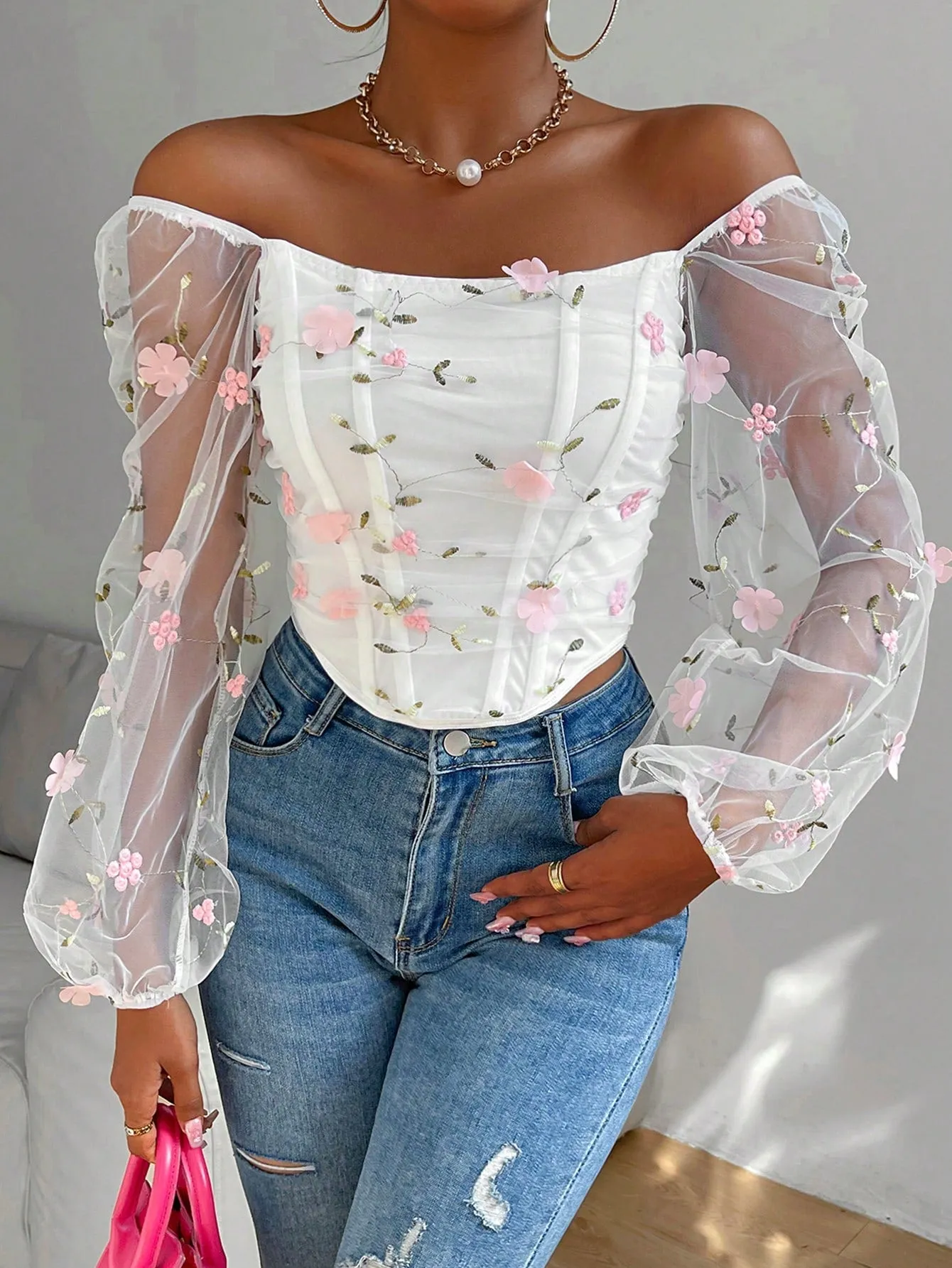 Privé Asymmetric Hem Lantern Sleeve Blouse With Mesh Patchwork