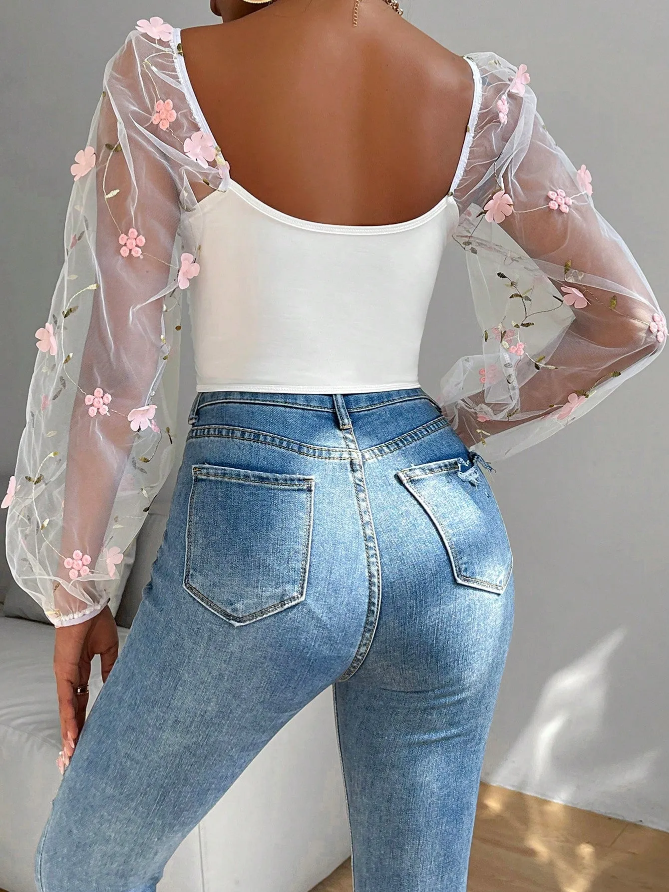 Privé Asymmetric Hem Lantern Sleeve Blouse With Mesh Patchwork