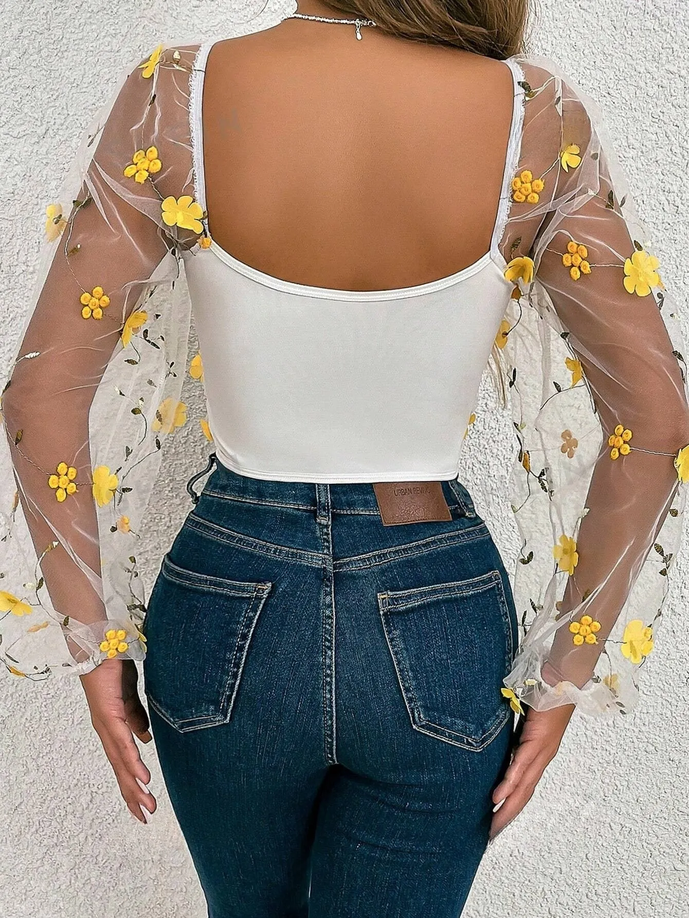 Privé Asymmetric Hem Lantern Sleeve Blouse With Mesh Patchwork
