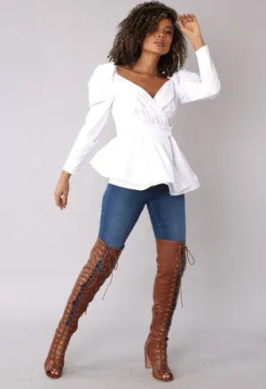 Puff Sleeve Wrap Peplum Top -82028