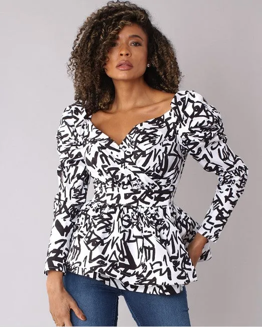 Puff Sleeve Wrap Peplum Top -82028