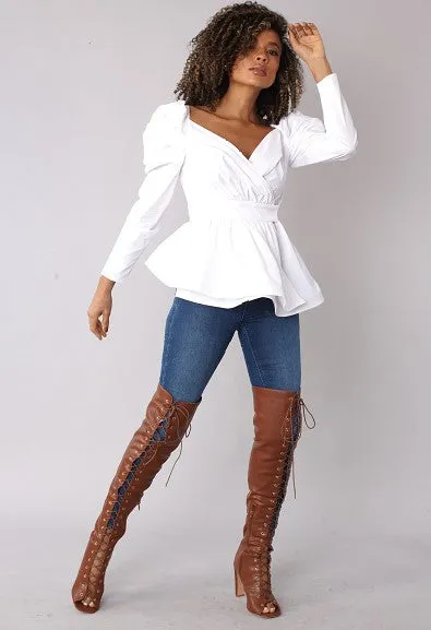 Puff Sleeve Wrap Peplum Top -82028