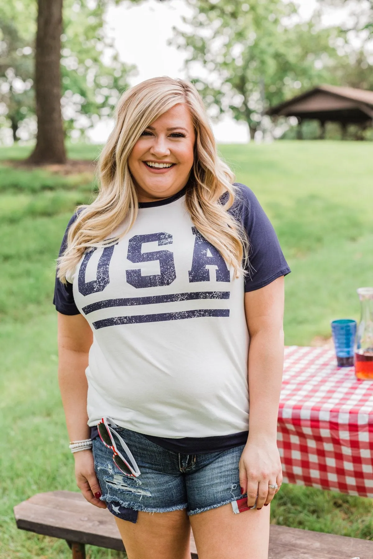 "USA" Graphic Raglan Top- Navy