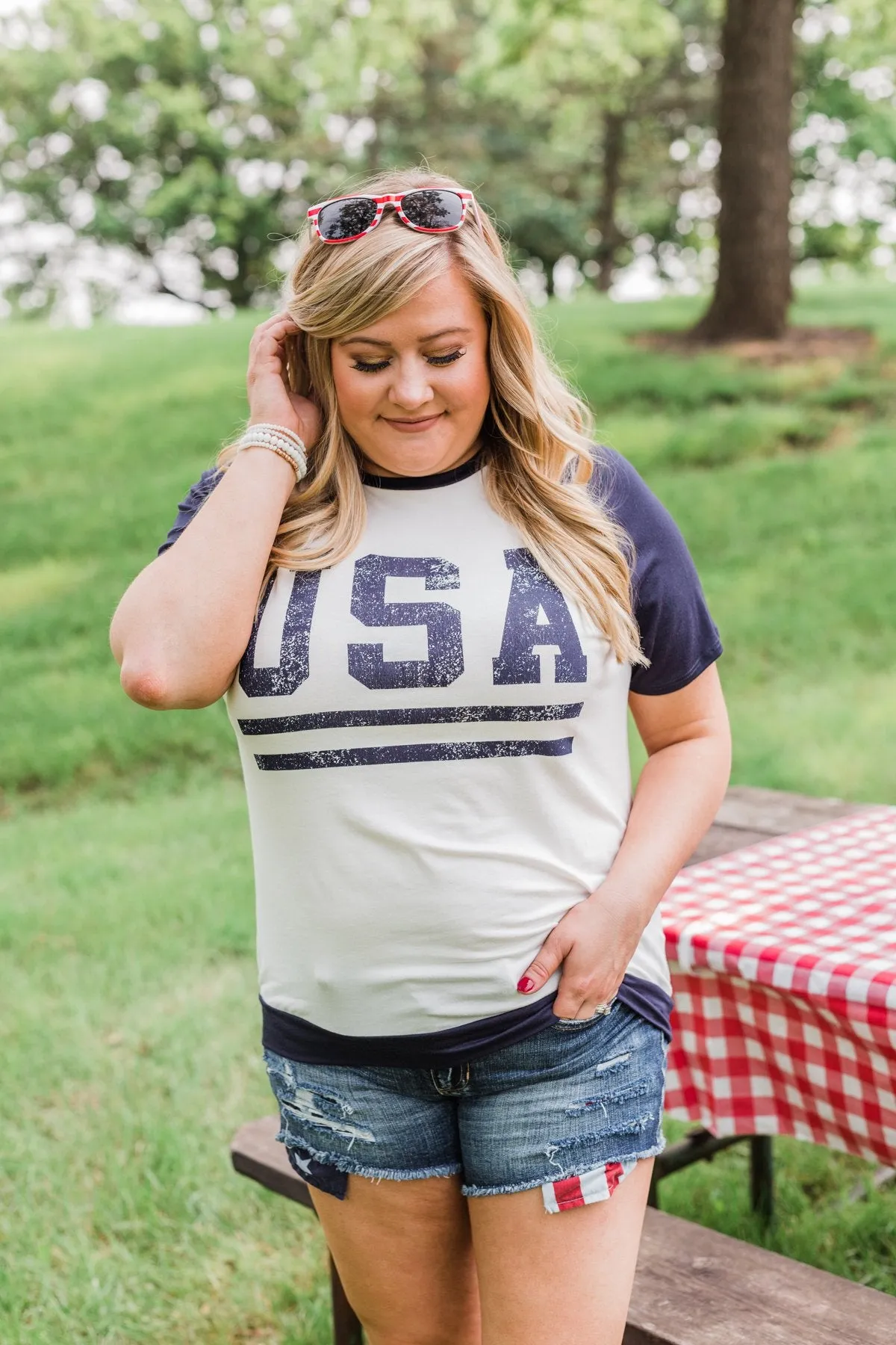 "USA" Graphic Raglan Top- Navy